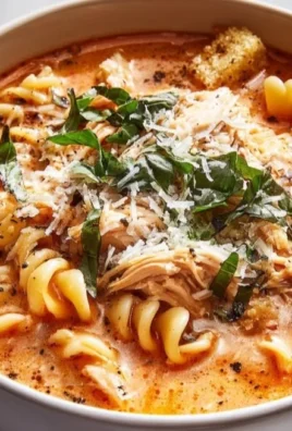 Bowl of slow-cooked chicken parmesan soup with herbs and cheese on top.