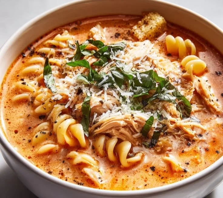 Bowl of slow-cooked chicken parmesan soup with herbs and cheese on top.