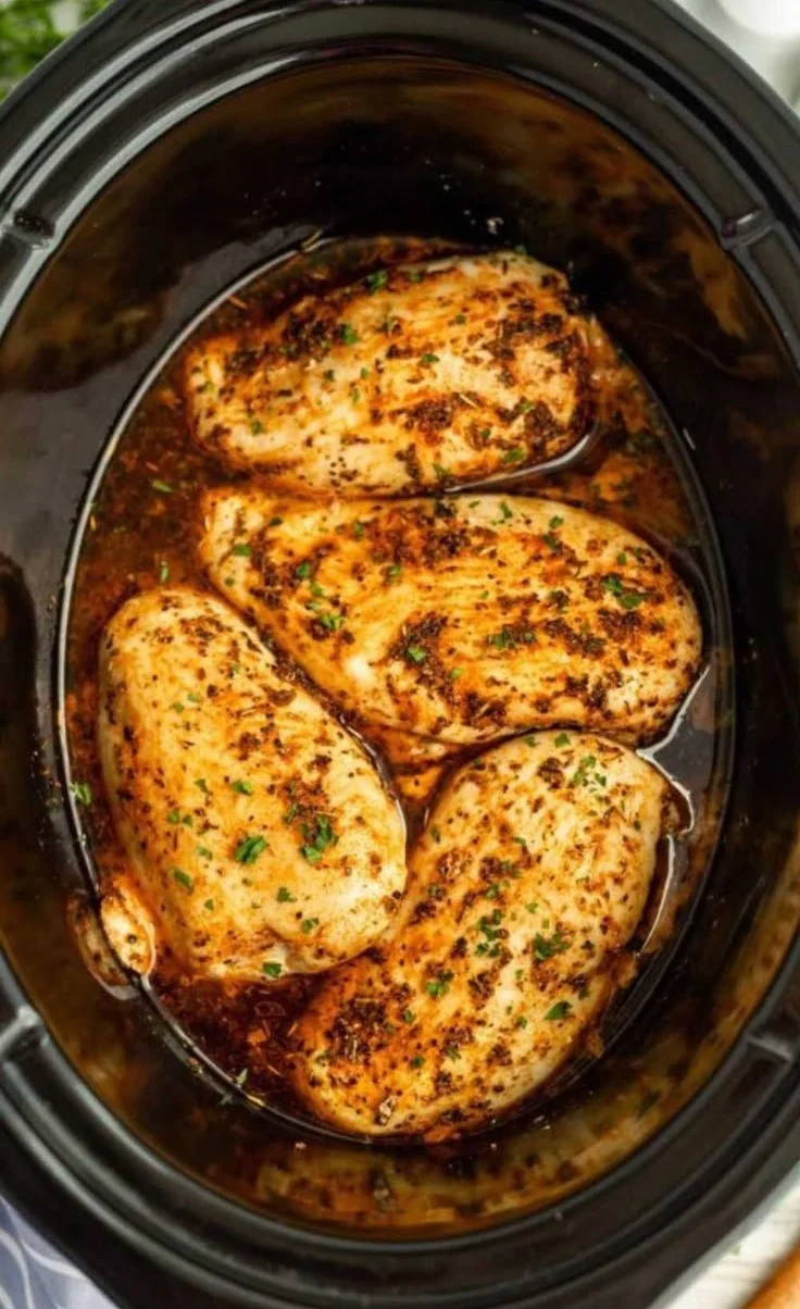 Slow Cooker chicken breasts served with vegetables in a bowl
