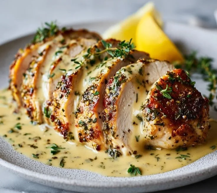 Slow Cooker Lemon Herb Chicken dish garnished with fresh herbs and lemon slices