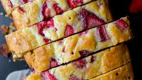 Delicious slice of Strawberry Lemonade Quick Bread on a plate