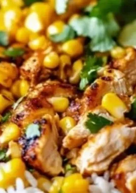 Delicious Street Corn Chicken Rice Bowl topped with fresh ingredients.