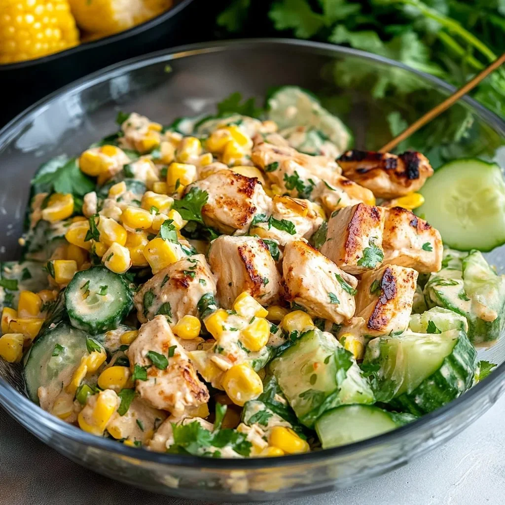 Creamy cucumber chicken salad with street corn - delicious and refreshing recipe