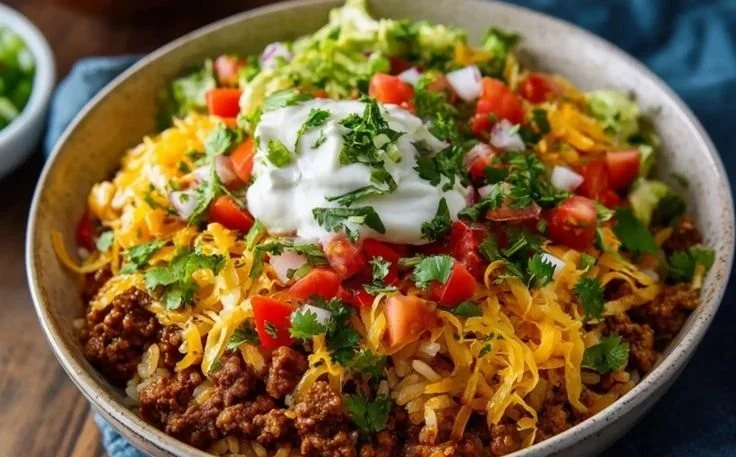 Delicious Taco Rice Bowl with fresh toppings and savory ingredients
