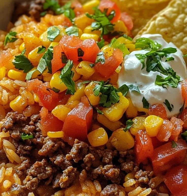 Delicious Taco Rice Bowl topped with Doritos for extra crunch