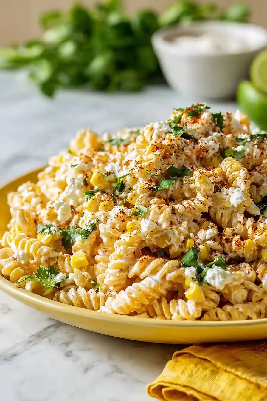Bowl of elote pasta salad with Greek yogurt and colorful vegetables