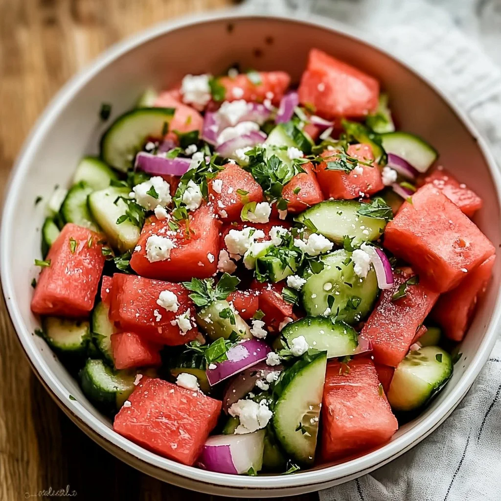 Bowl of refreshing watermelon salad with mint and feta cheese