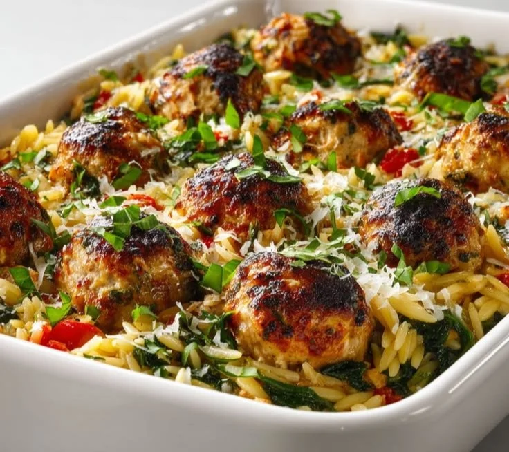 Delicious Tuscan Chicken meatballs with orzo served on a plate.