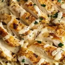 Creamy chicken alfredo served in a bowl with parsley garnish