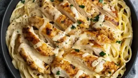 Creamy chicken alfredo served in a bowl with parsley garnish