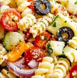Colorful bowl of ultimate pasta salad with cherry tomatoes and basil