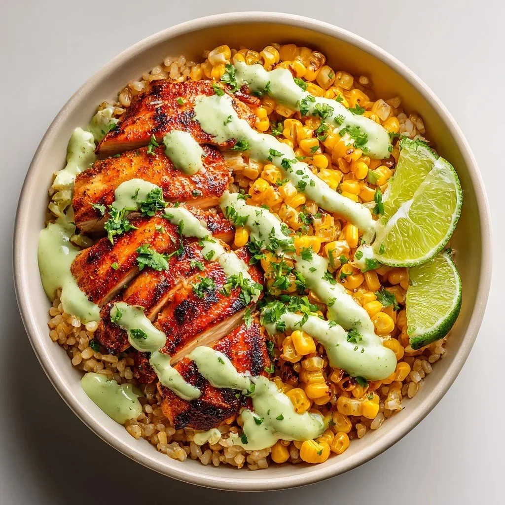 Vibrant Chicken and Corn Bowl with fresh vegetables and herbs