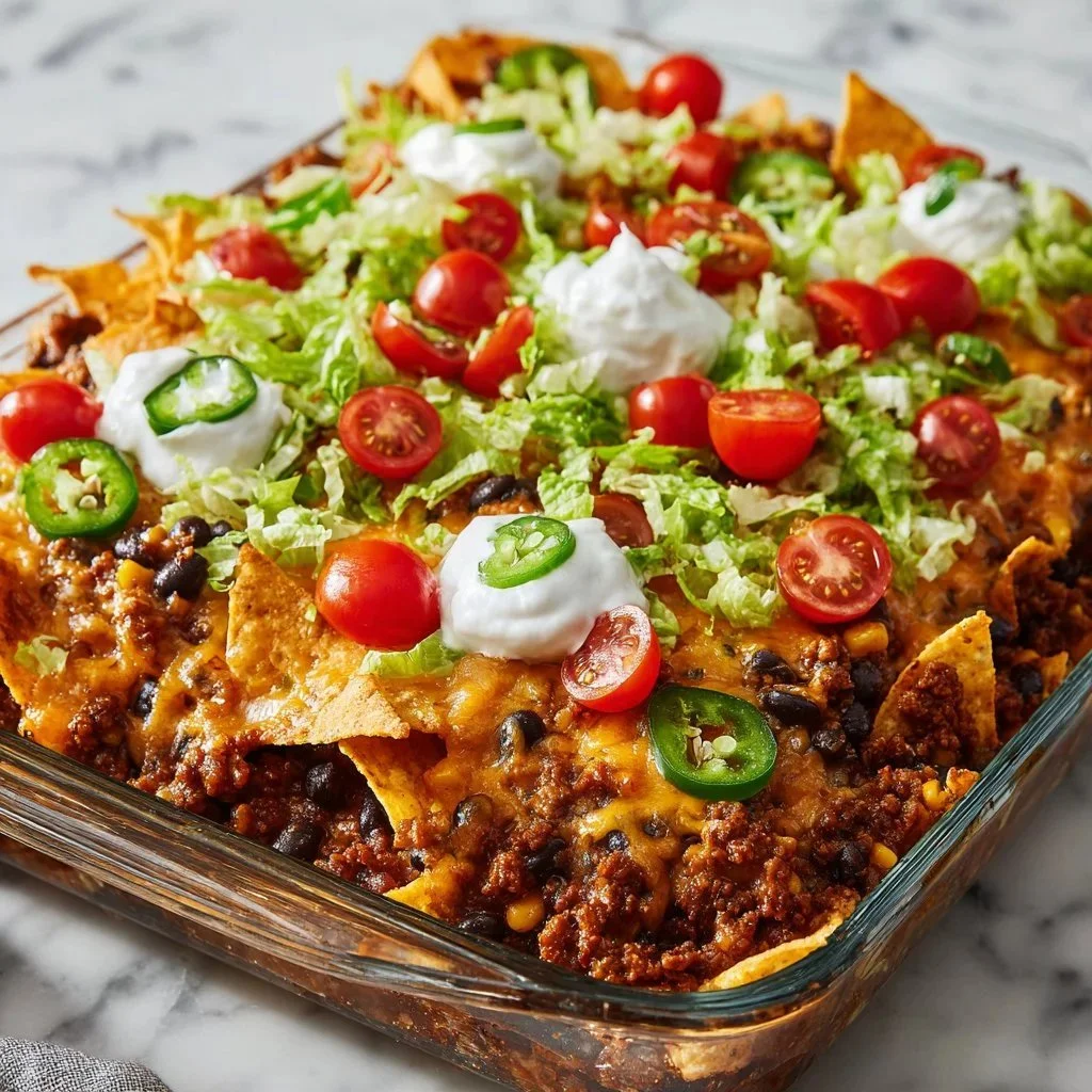 Delicious Walking Taco Casserole topped with cheese and garnished with toppings.