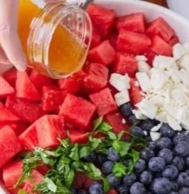 Delicious Watermelon Blueberry Feta Salad served in a bowl