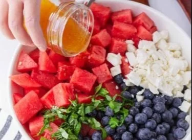 Delicious Watermelon Blueberry Feta Salad served in a bowl