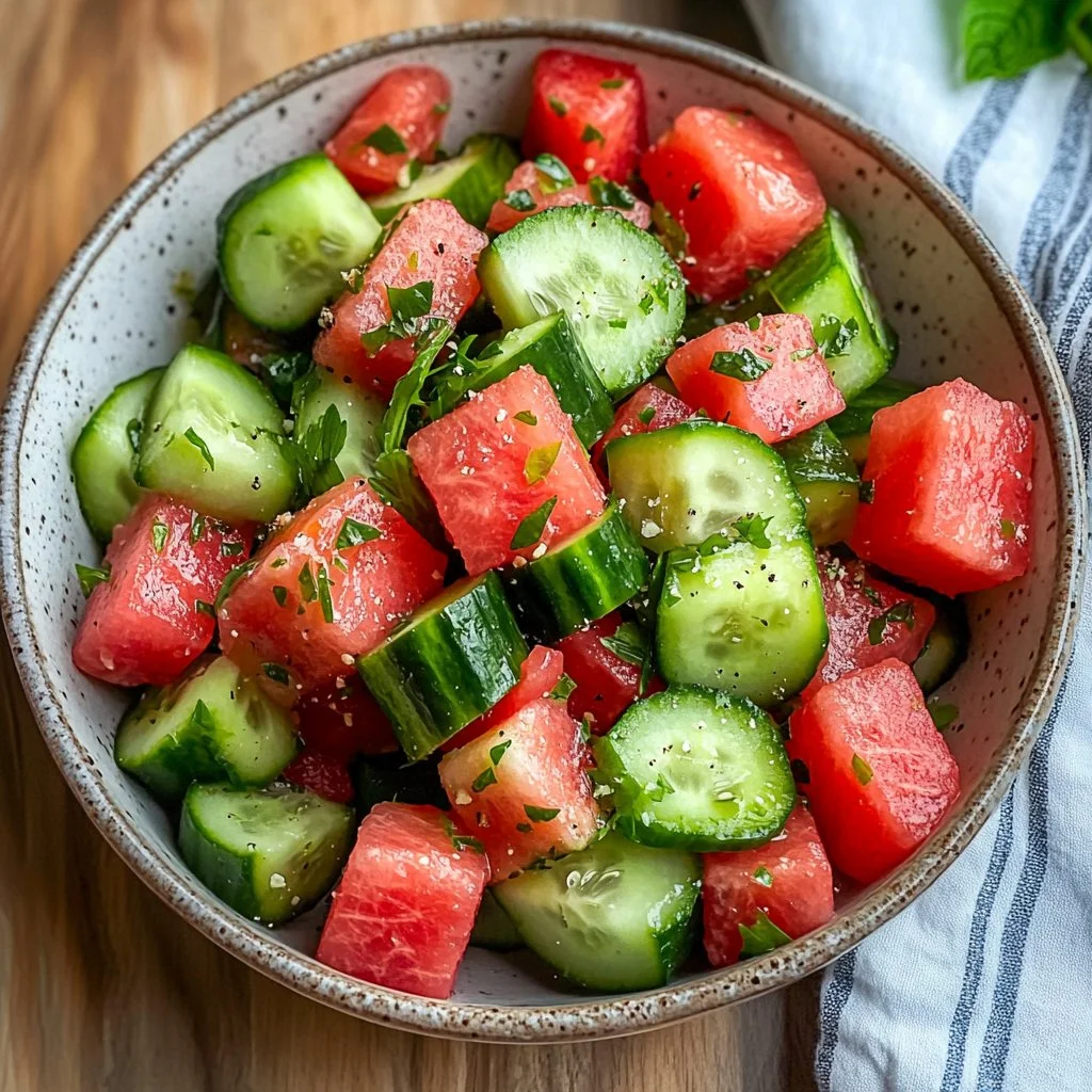 Colorful watermelon cucumber salad served in a bowl, garnished with mint.
